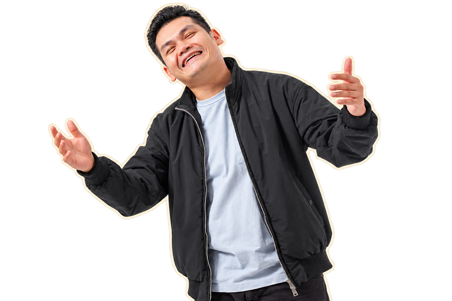 Aliyas smiling with both arms open in a welcoming gesture