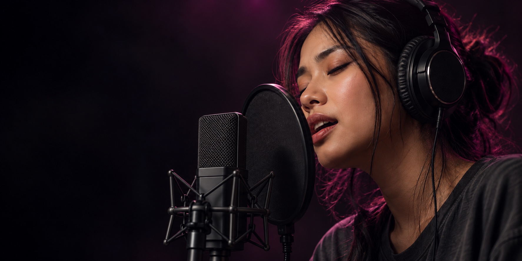 Conceptual portrait of a singer with headphones at a black recording microphone